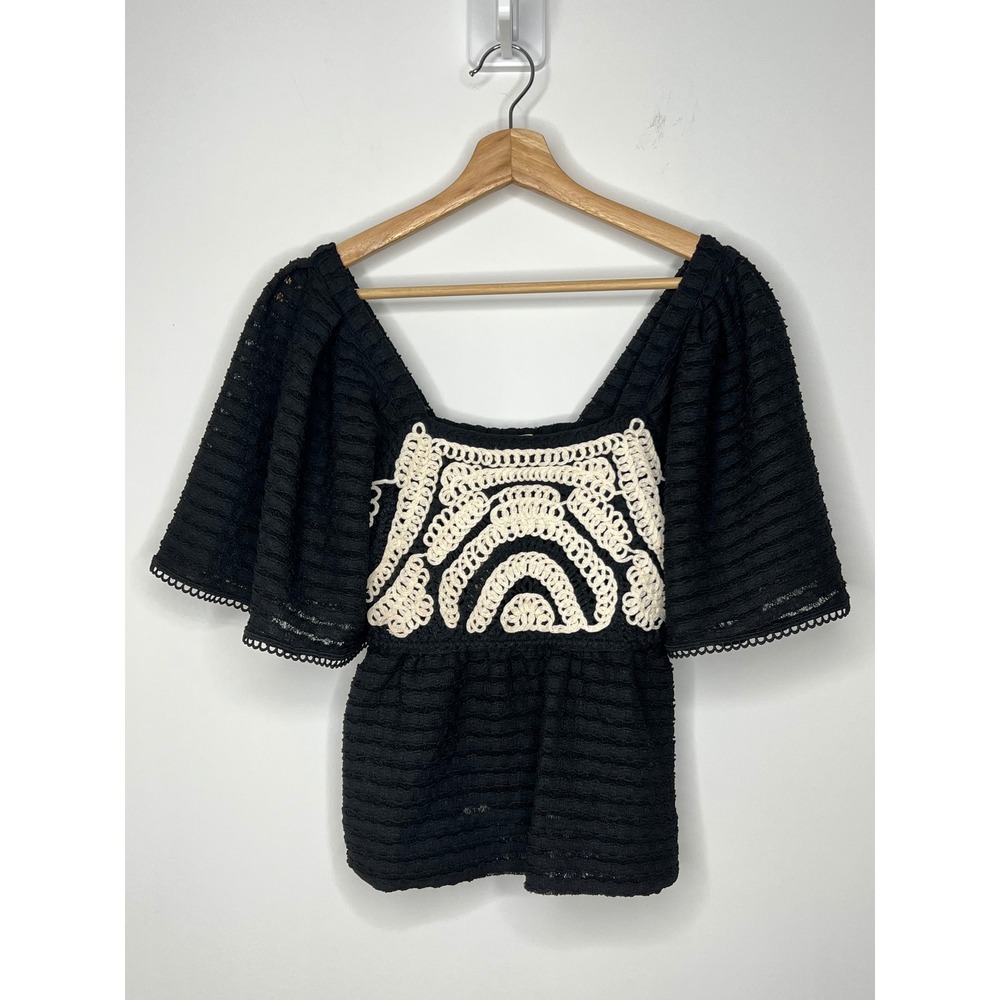Sarah Hann Anthropologie Black Soutache Embroidery Flutter Sleeve Blouse XXS NWT